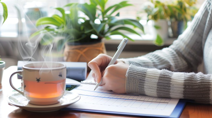 Notebook planner with morning cup of tea
